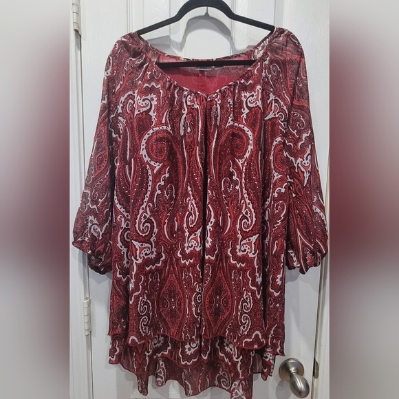 Cato 18/20 Red Paisley Mini Layered Dress or Tunic Blouse Boho Cottagecore - Picture 2 of 8